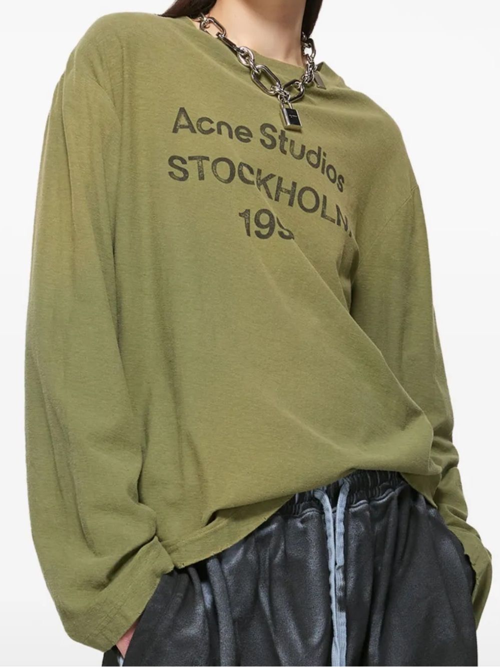 ACNE STUDIOS Olive Burnout Green Logo Unisex Long Sleeve Tee Sz L NWT $450!!
